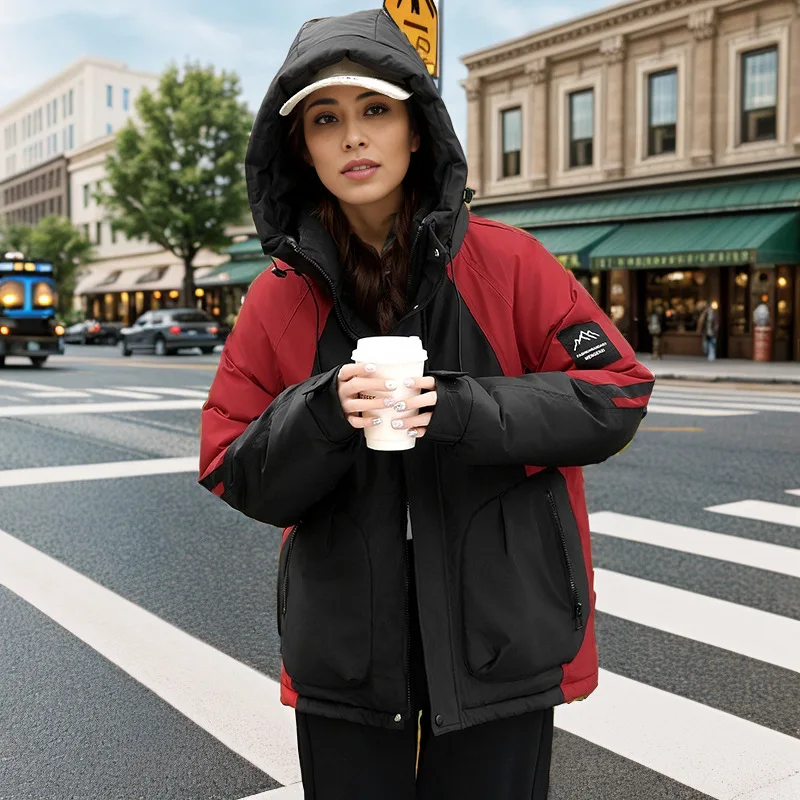 2024 Women\'s Winter Jacket Female Hooded Contrast Casual Windproof Workwear Women\'s Submachine Jacket 2 Pocket Parkas Coats