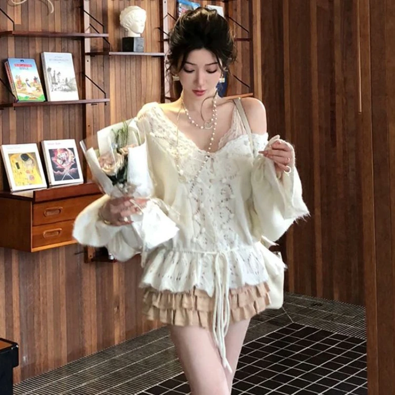 

Милый вязаный кардиган с полым крючком и цветком, женский свободный свитер с v-образным вырезом и шнурком, осенняя мода, однотонные топы с длинными рукавами