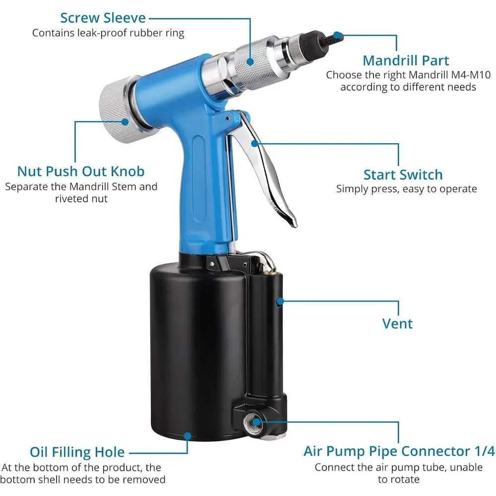 Heavy Duty Pneumatic Rivet Nut Gun with 100PCS Rivet Nuts, Thread Setter Kit with 5pcs Metric Mandrels for Body Panels, Bicycle