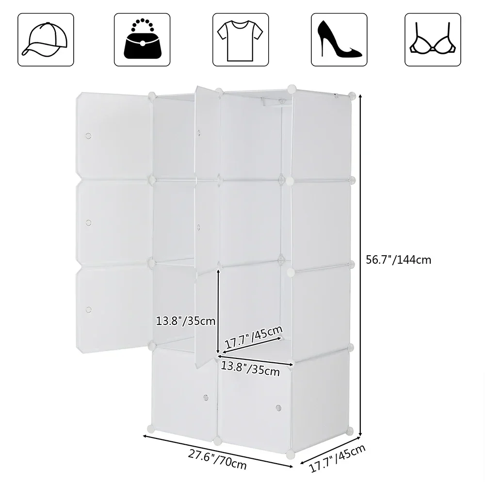 8 Cube Organizer Stackable Plastic Cube Storage Shelves Design Multifunctional Modular Closet Cabinet with Hanging Rod White