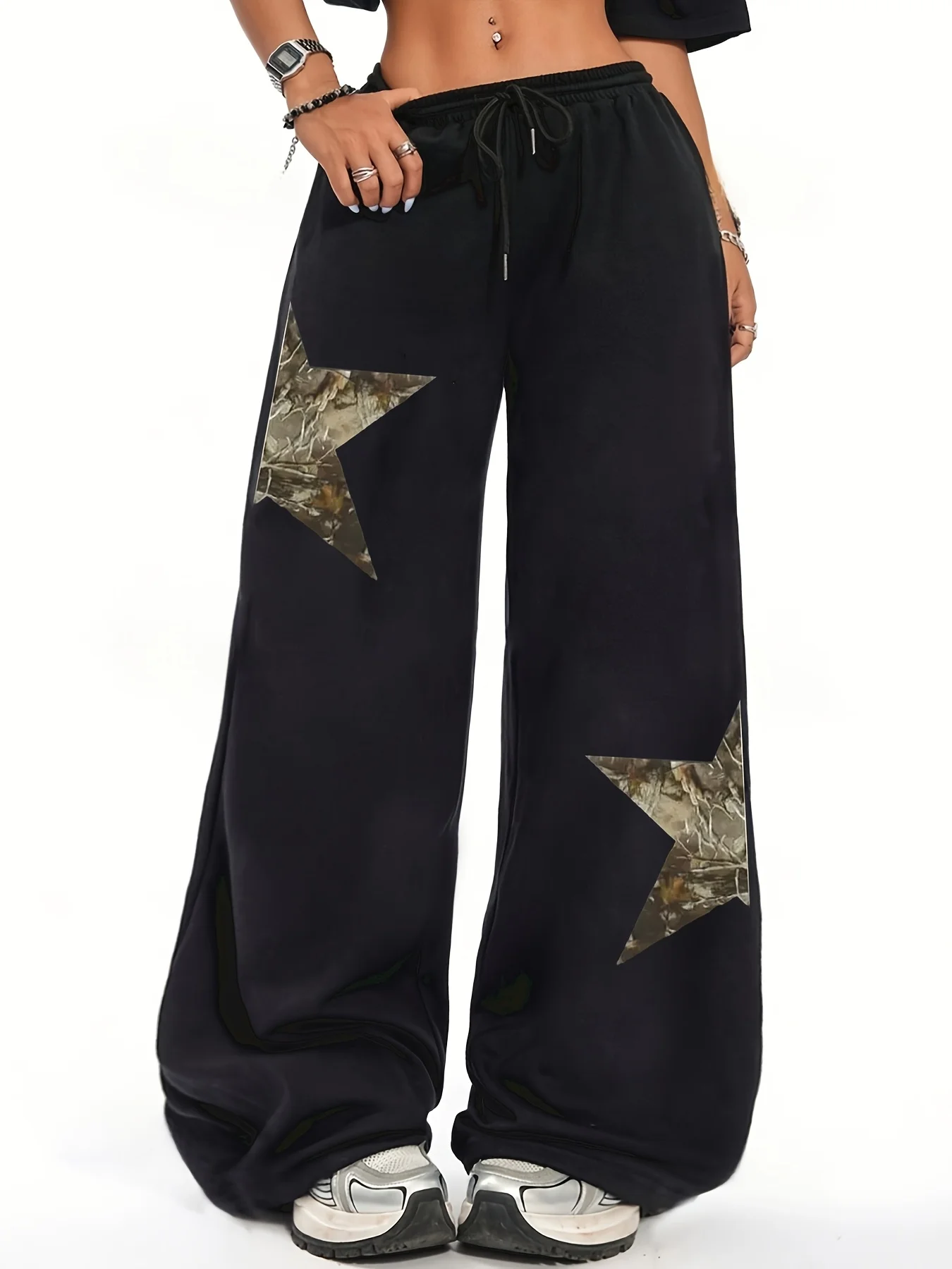 

Женские осенние и зимние свободные прямые флисовые спортивные штаны больших размеров со звездным принтом, уличная одежда с эластичным поясом, универсальная