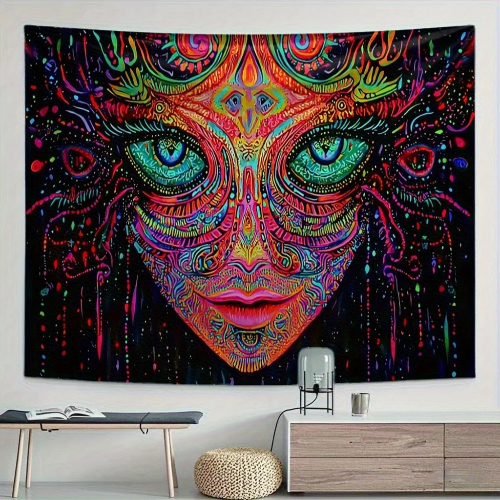 VIKAMA Psychedelic Third Eye Tapestry Black Light Tapestry Neon Face Art Hanging Cloth Living Room Room Decoration
