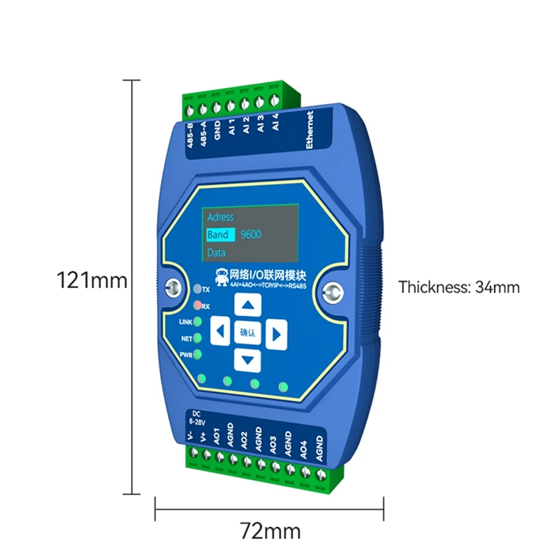 Télécommande 4 voies Mulhouse Ition Control, Modbus, TCP, I, P, Networking Tech, 4AI + 4AO, 0-20MA, RJ45, RS485, Modbus Gateway, OLED Display