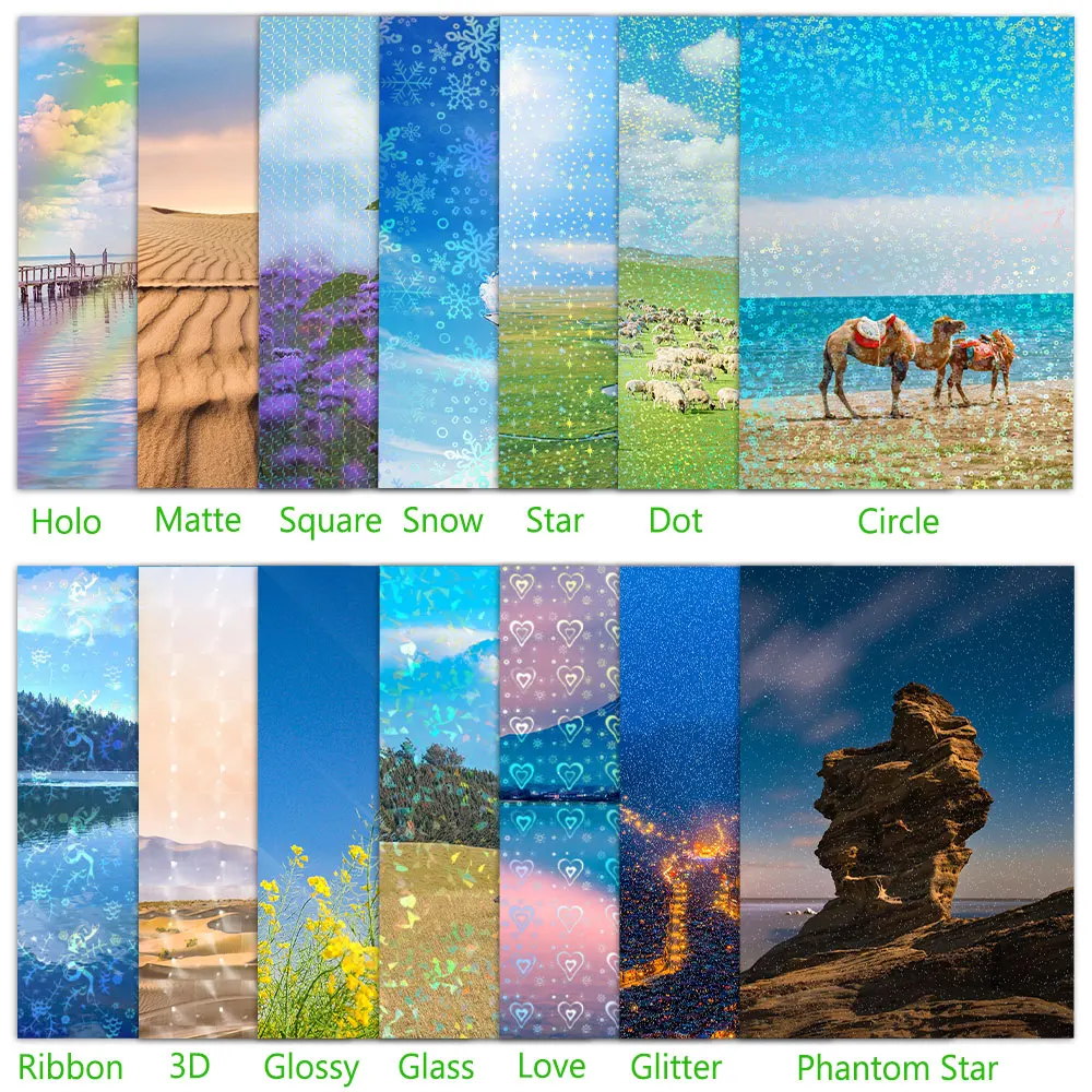 10 Sheets Holographic Foil Cold Lamination Film Holo Hot Stamping on Paper Adhesive Love Star Broken Glass Gem Snowflake Glitter