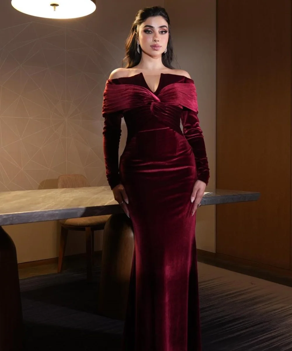 Customized Formal Velour Pleat Trumpet Off-the-shoulder Long Dresses Bespoke Occasion Dresses Chinese Style
