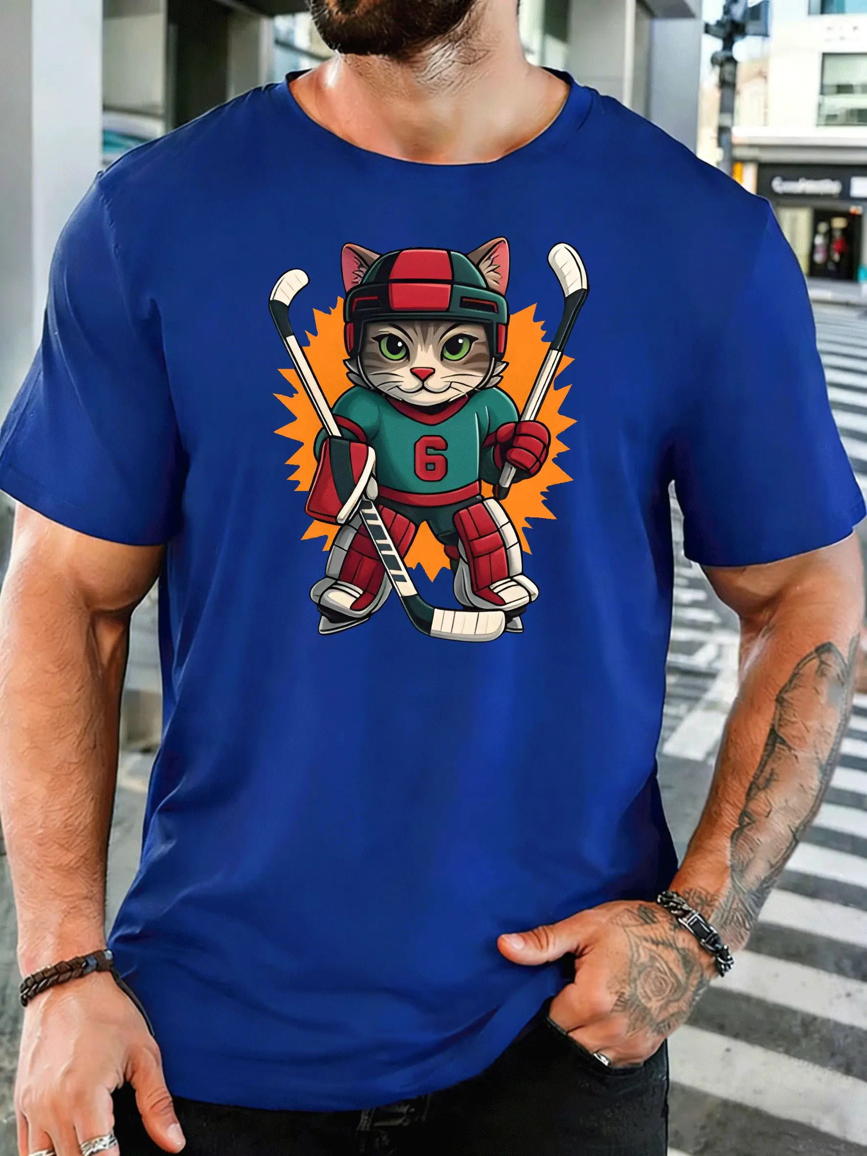 Cartoon Cat Ice Hockey Player Number 6 Mens Front Print T Shirt Sport Animal Graphic Tee Casual Short Sleeve Top Hockey Fan Gift