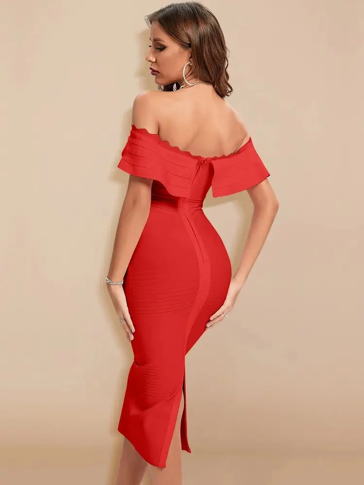 Ruffles Split Bodycon Dress 우아한 여성 럭셔리 레드 이브닝 웨딩 붕대 드레스 XL 연예인 Vestidos Party Maxi