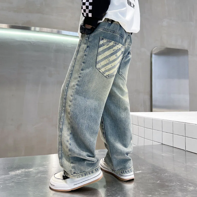 

Spring Autumn New Boys Retro Jeans Children's Denim Pants Casual Boys Jeans Kids Baggy Wide-Leg Clothes Teenager For 4-14Years