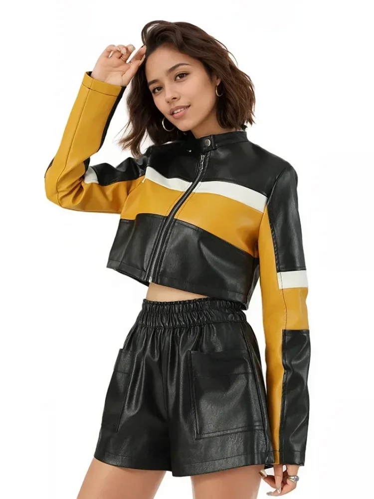 Women Contrast Stand Collar Leather Jacket Fashion Full Sleeve Zipper Loose Bomber Coat 2026 Lady Spring Autumn Racing Outwears