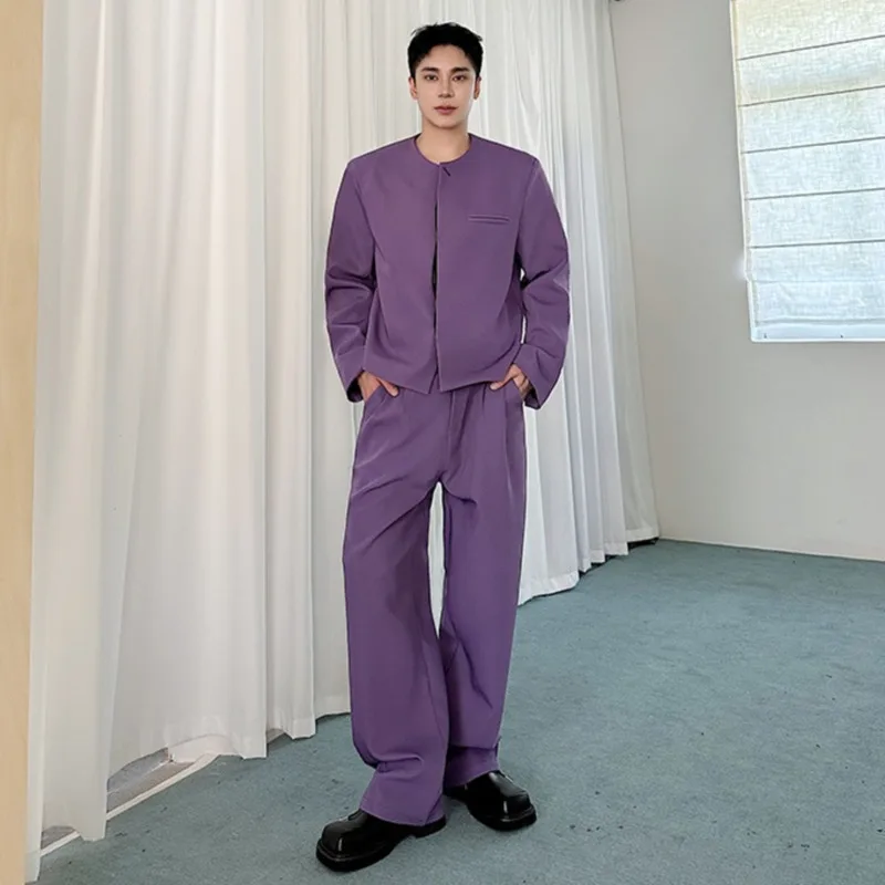 IEFB Korean Style Men's Two-piece Round Collar Single Breasted Suit Straight Wide Leg Solid Color Pants Male Sets Autumn 9C7401