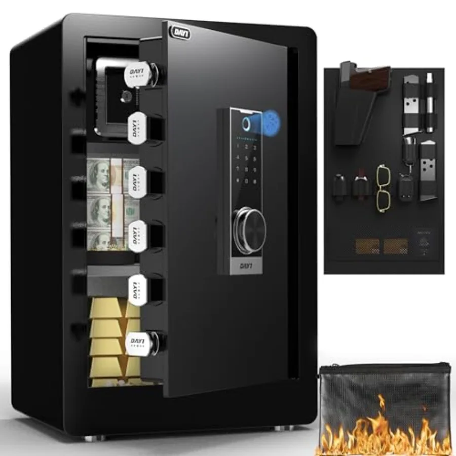 

Biometric Fingerprint Safe Box for home use, steel construction, black, 3.0 cu. ft. capacity with fireproof bag, digital touchp