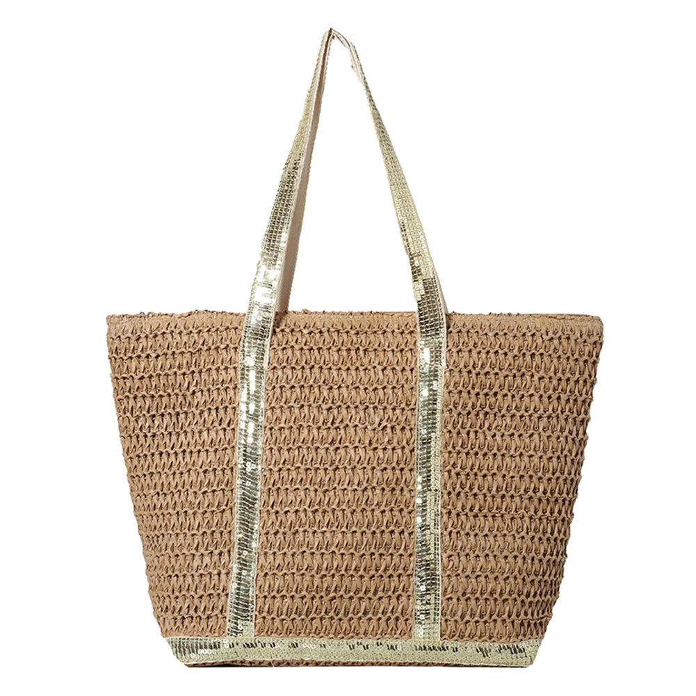 Women Straw Tote Handbag Large Capacity Sequins Crochet Beach Handbag Contrast Color Simple Shoulder Bag Ladies Summer Daily Bag