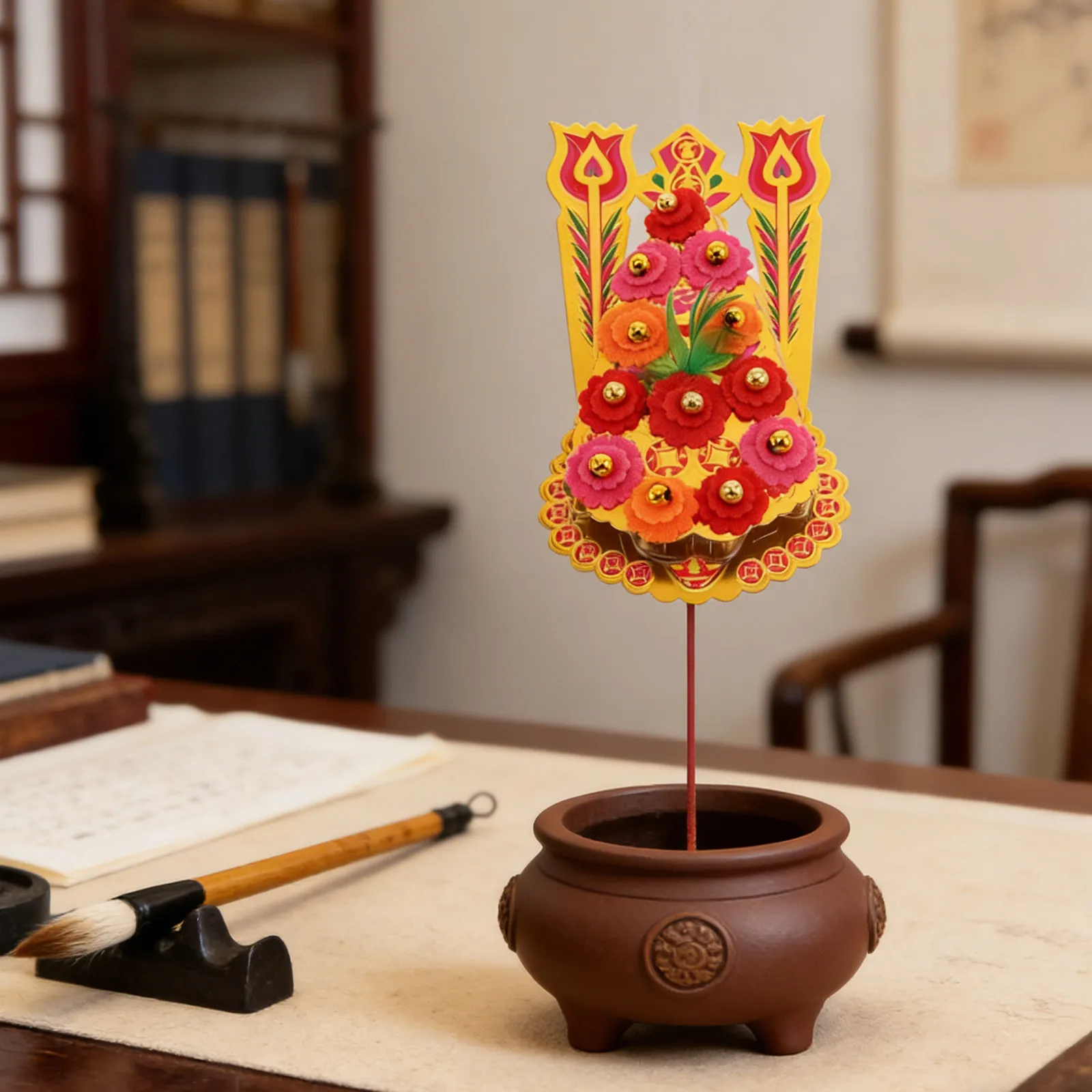 2pcs Incense Burner Accessories – Paper Flower Toppers for Ancestor Worship Altar Decoration, Chinese Traditional