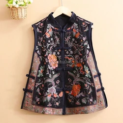 Camiseta sin mangas con bordado de flores para mujer, chaleco acolchado de lino y algodón con cuello levantado, estilo retro chino nacional, novedad de 2023, g930