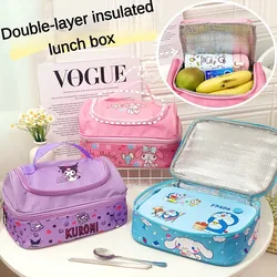 Cute Sanrio Kuromi Lunch Bag Cartoon My Melody Cinnmoroll Double-layer Travel Thermal Breakfast Box Large Capacity Tote Food Bag