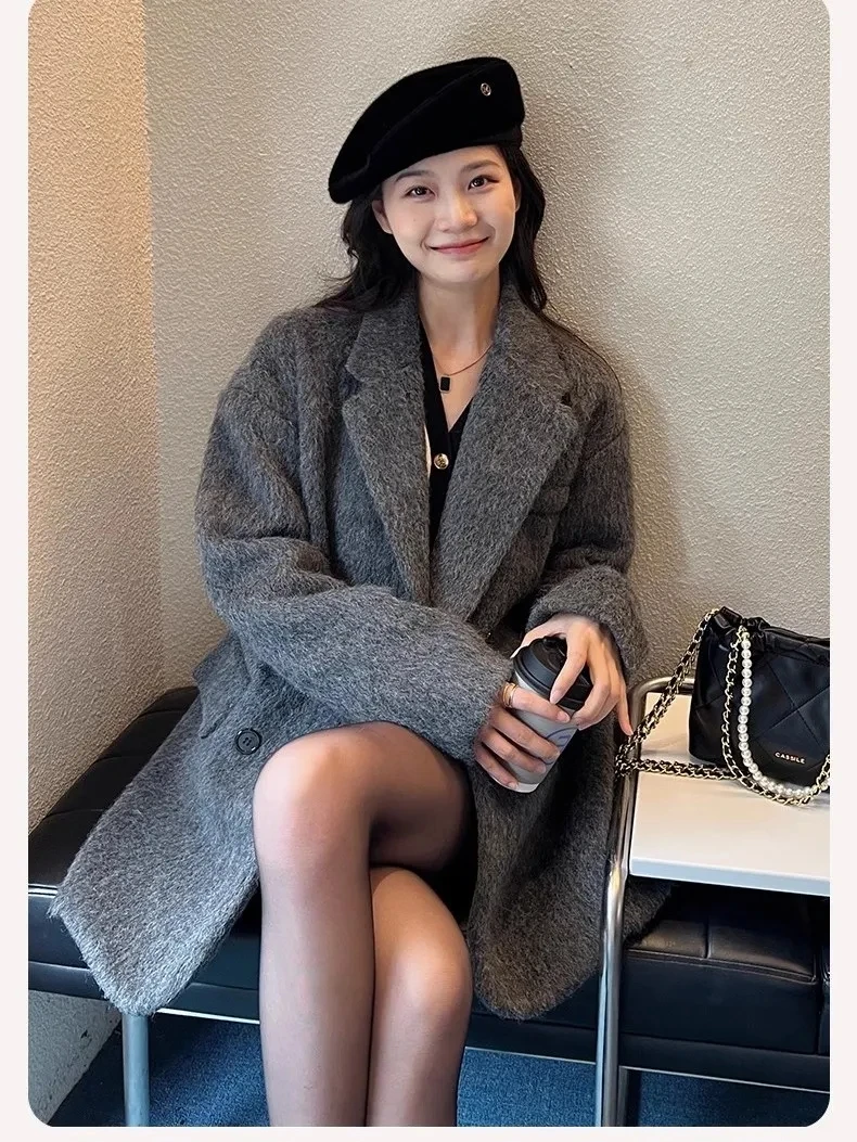

Onalippa 2025 Notched Collar Wool Coat WomenSolid Double Breasted Jackets Korean LooseMid-length Winter Women Coat Warm