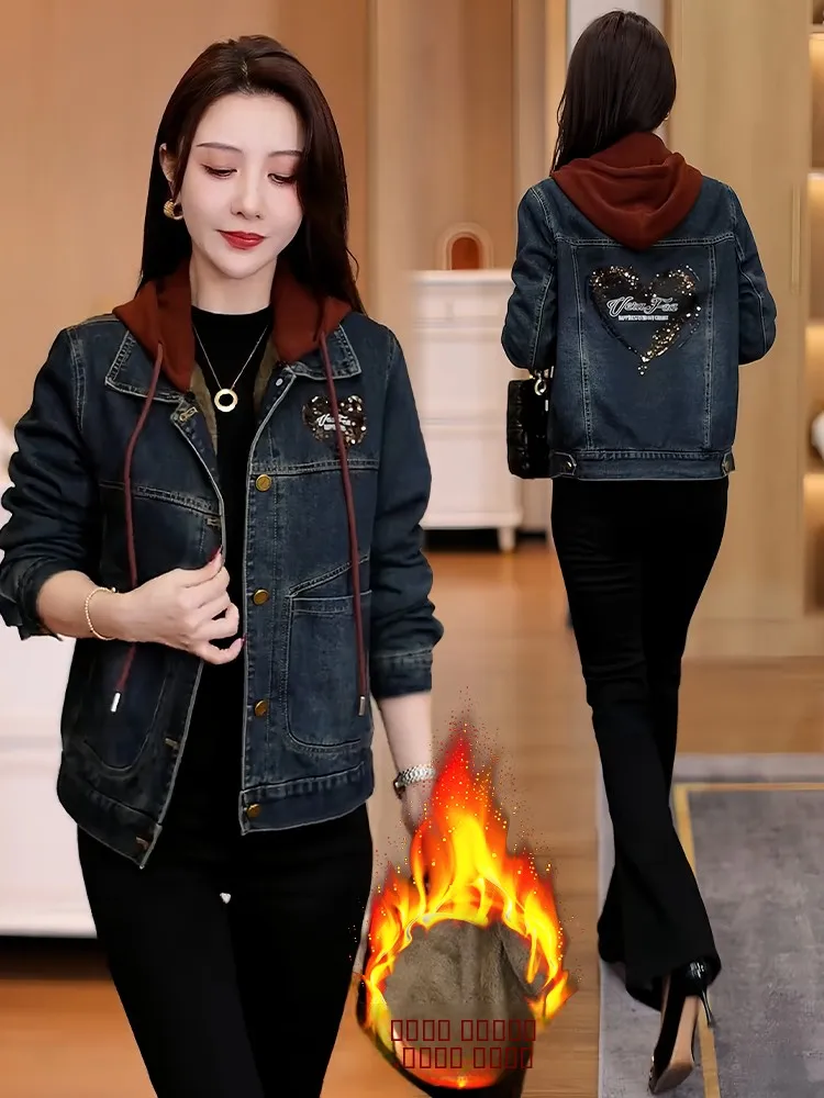 여성용 안감 있는 싱글 버튼 데님 재킷 가을 겨울 신상 한국 스타일 루즈핏 롱 슬리브 구김 방지