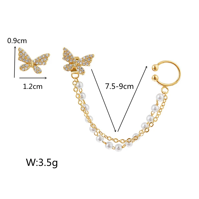 Korean Elegant Rhinestone Butterfly Stud Earrings For Women Girls Cute Fashion Metal Cuff Chain Tassel Boucle D\'oreille Jewelry