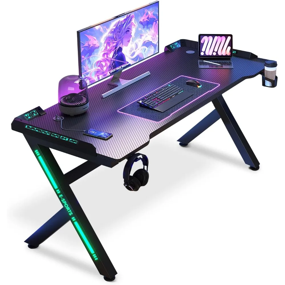 

Gaming Desk with LED Lights, Home Office Desks, Computer Desk Gaming Small Desk for Bedroom, Study Table with USB Charging Ports