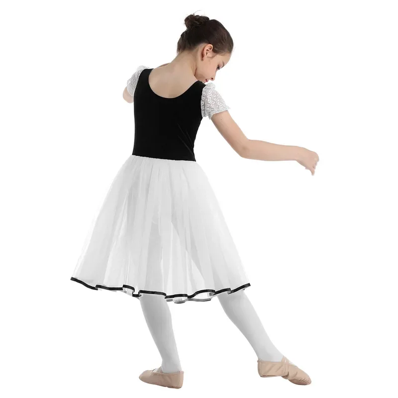 Bambini ragazze romantico Tutu Giselle danza classica costumi maniche corte a bolle velluto maglia pizzo Ballerina ginnastica body Dress