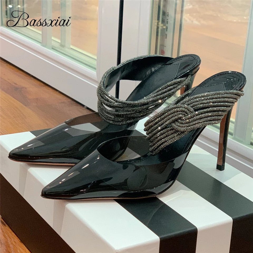 Clear PVC Transparent Point Toe Sandals Women Crystal Embellished Twist Bow Slingbacks Thin High Heel Summer Mules