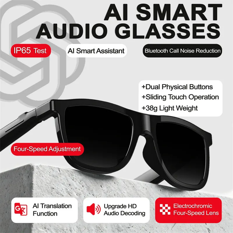 38G Smarte Audio-Brille Elektrochrome Sonnenbrille mit Bluetooth-Anruf, KI-Übersetzung, Sprachassistent, IP65 Staub- und Wasserdicht