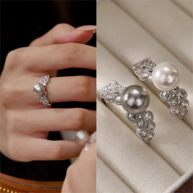 Anillo de perlas de imitación de circón brillante de lujo para mujer, diseño de nicho, anillos abiertos ajustables de Color plateado, regalos de joyería de moda para fiesta