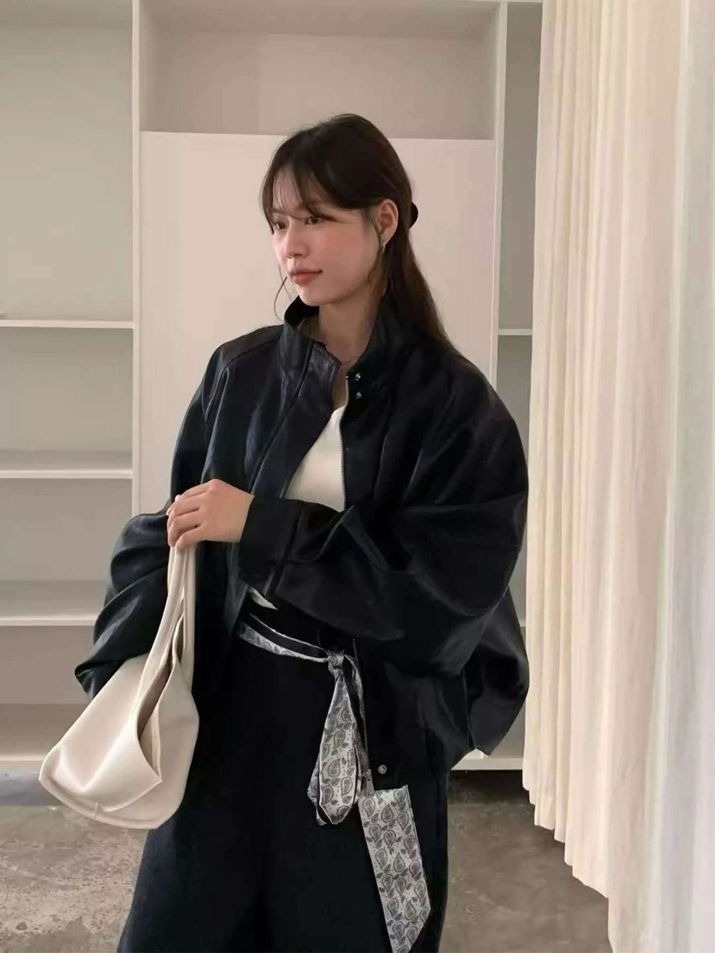 Chic Autumn New Sle Loose Fit Long Sve Stand Collar PU Leather Jaet Women's Coat with ket Trendy Commute Sle