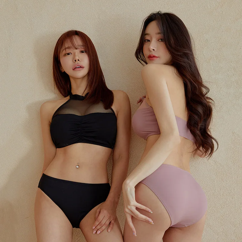 

Sexy Bikinis 2025 Women's Swimwear Korean Female Swimsuit Black Pink Bathing Suits Girls High Neck Bikini Set Beachwear Bather