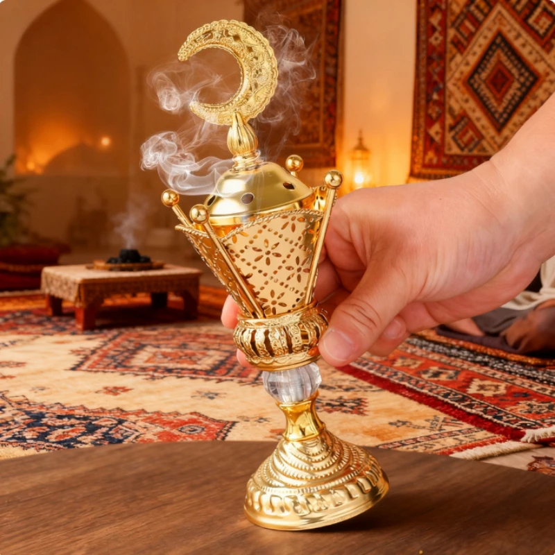 Arabic Style Golden Iron Incense Burner with Lid Traditional Bakhoor Censer for Charcoal Aromatherapy Home Decor