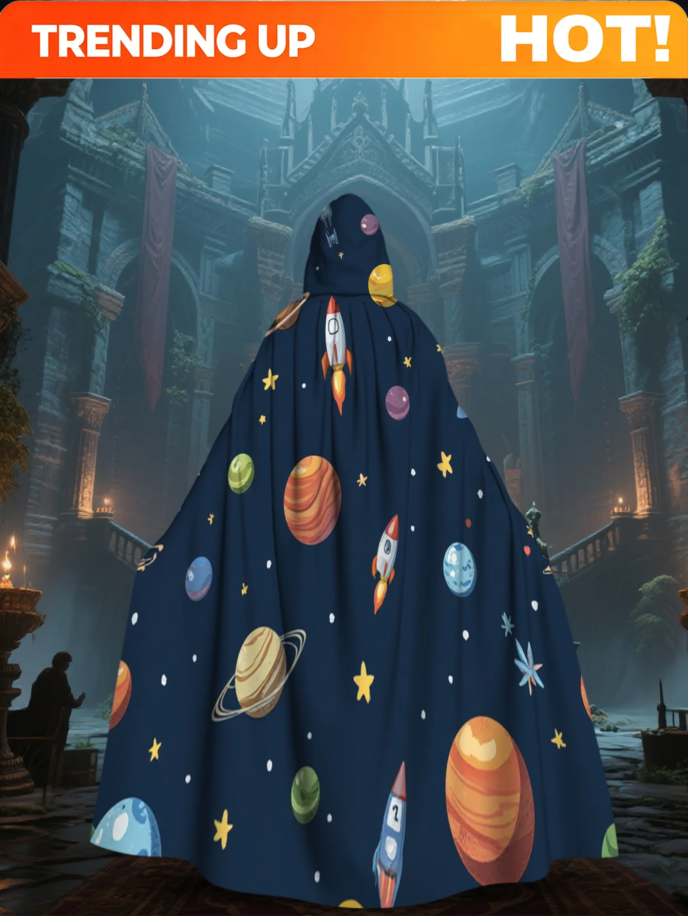 Customization 1pc Of, 2D Flat Printed Lightweight Fashion Cloak Featuring A Space Galaxy Rocket Planet Design