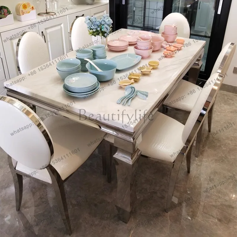 LJY dining table and chair set modern rectangular stainless steel diningtable 6 people small apartment rock slab dining table Ma
