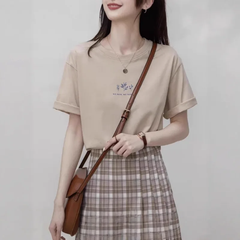 Women T-Shirt Summer Printed Short Sleeve T-Shirt New Loose Round Neck Top Straight Shoulder Solid Color Casual Student T-Shirt