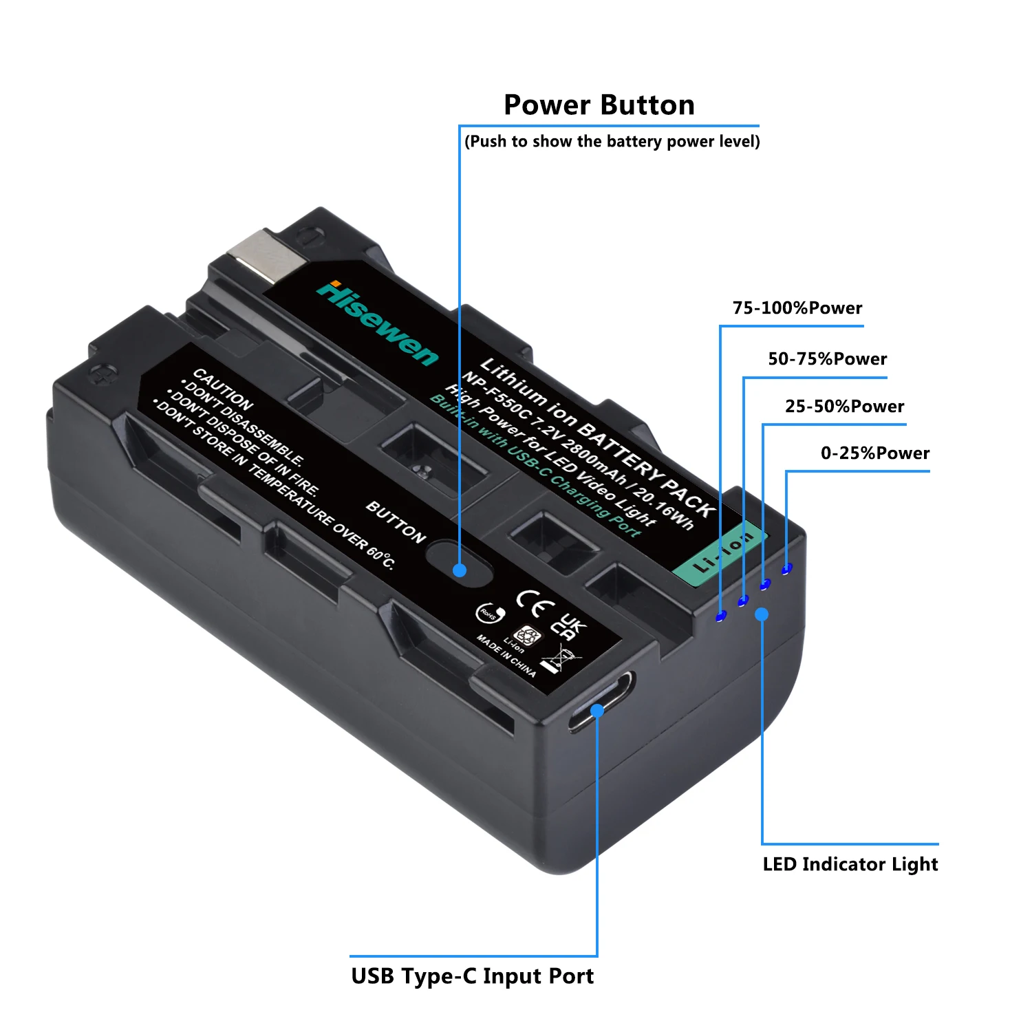 2800mAh wbudowany port ładowania typu C bateria do NP-F330 NP-F530 NP F550 NP-F570 NP-F750 LED oświetlenie wideo oświetlenie fotograficzne