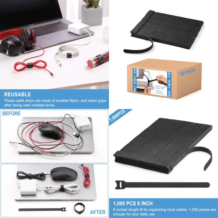 

1, 000 PCS Reusable Cable Ties Adjustable Cord Wraps, Cable Straps Hook and Loop Cord Organizer, Cable Management x 10 Packs