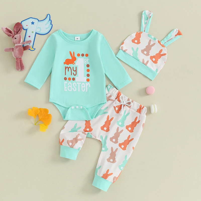 Baby 3Pcs Easter Outfits Long Sleeve Bunny Print Romper Pants Hat Set Infant Clothes