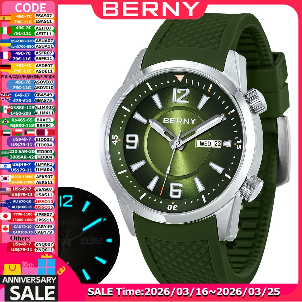 Berny-男性用ダイバーウォッチ、自動ダイビング腕時計、機械式腕時計、超発光時計、ステンレス鋼、20atm