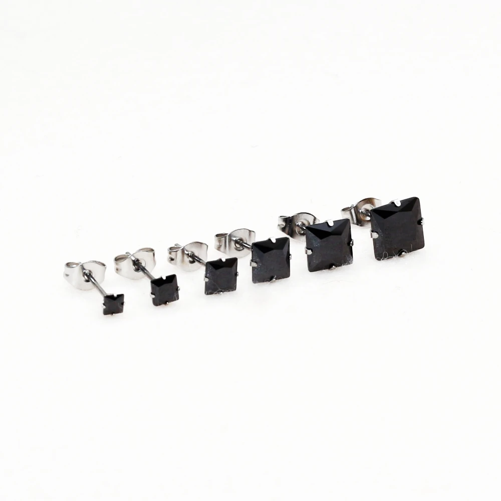 

Brief Style Women Men Stainless Steel Black Color AAA Square Zircons Stud Earrings No Fade Allergy Free