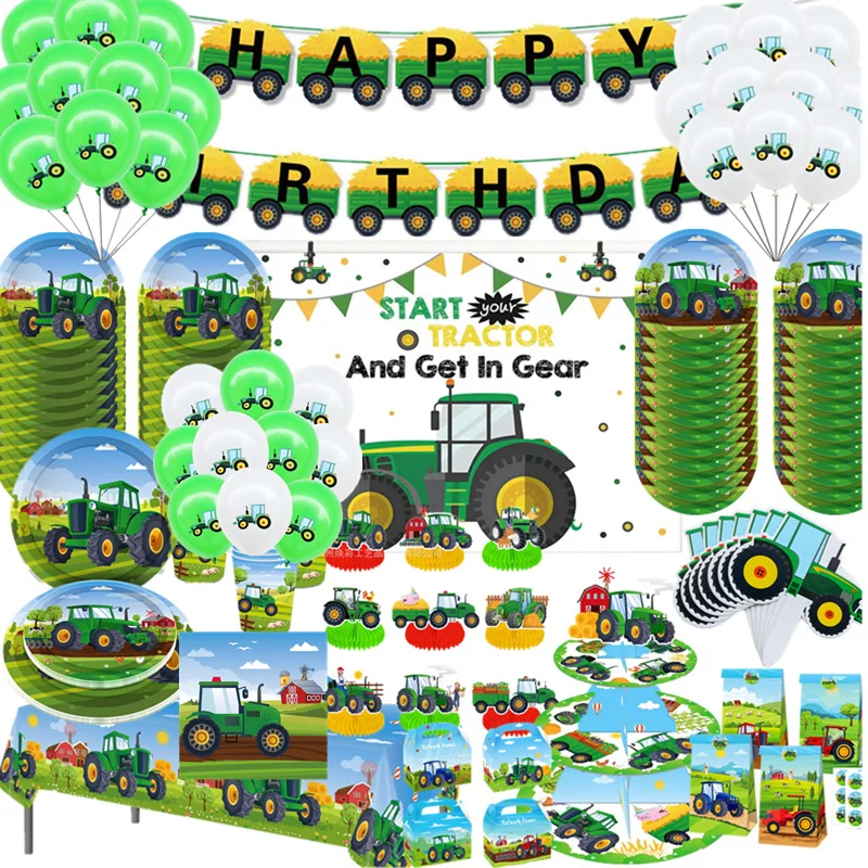 Fazenda verde trator veículo conjunto de utensílios de mesa descartáveis feliz aniversário caminhão placa copo balão banner para festa do menino decoração suprimentos