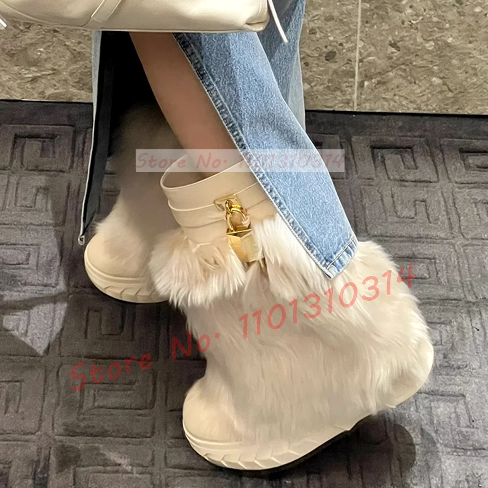 Fur Shark Ankle Boots With Metal Lock Women Trending White Fuzzy Wedges Biker Boots Female Luxury Stylish Streetwear Dress Shoes