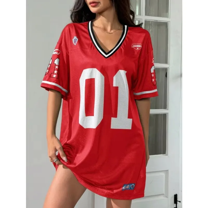 

Plus Size Women's Sports Number Pattern Football Jersey Loose Comfortable Breathable T-shirt, New Outdoor Sports T-shirt Tops