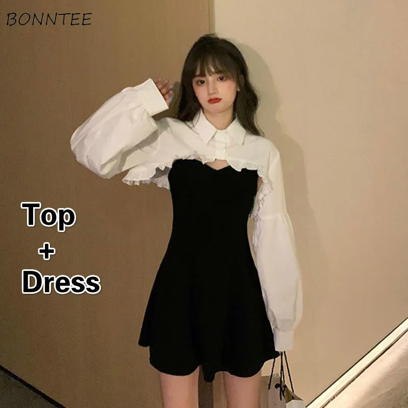 Zestawy damskie Retro Vintage Ulzzang Chic Fall Ladies Fashion Outfits Stylowy top z długim rękawem Popularny Slim Basic Girls Vestido