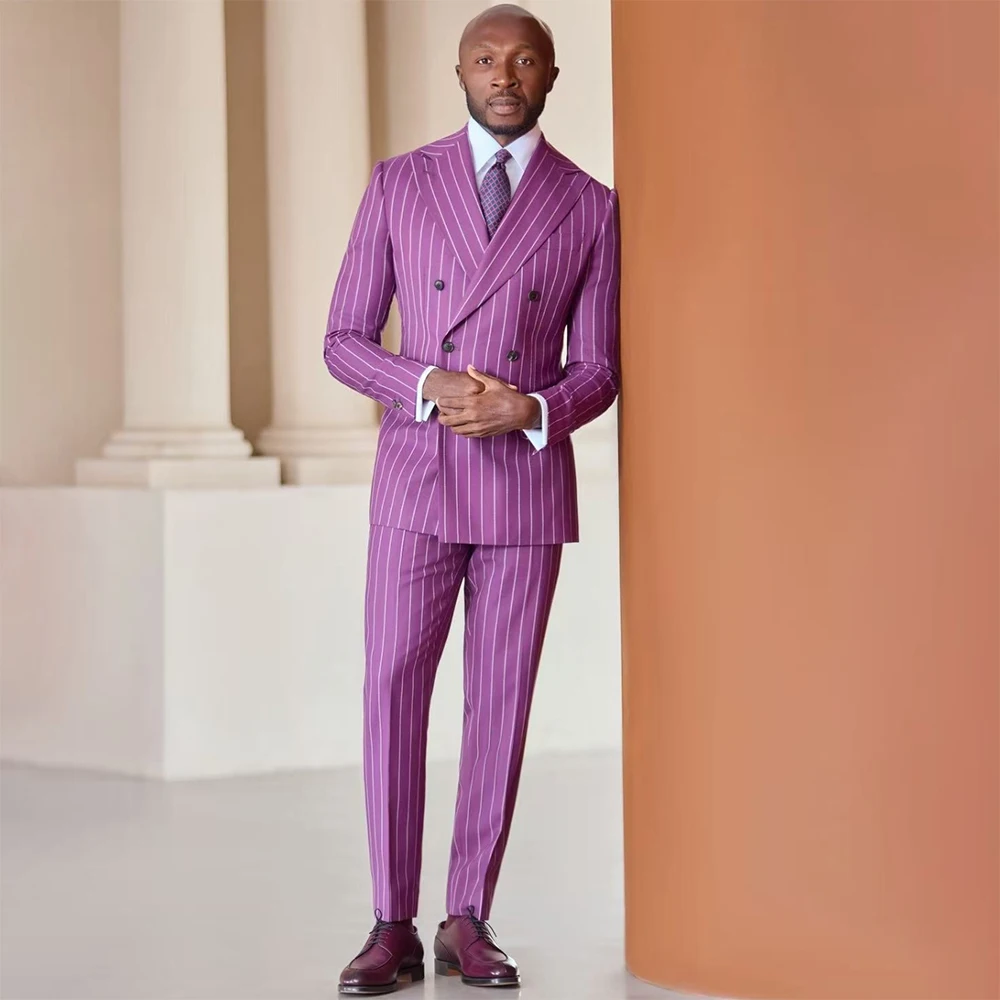 

Back Vent Men's Suits Fashion Stripe Double Breasted Peak Lapel Blazer High Quality 2 Piece Jacket Pants Male Clothing Costume