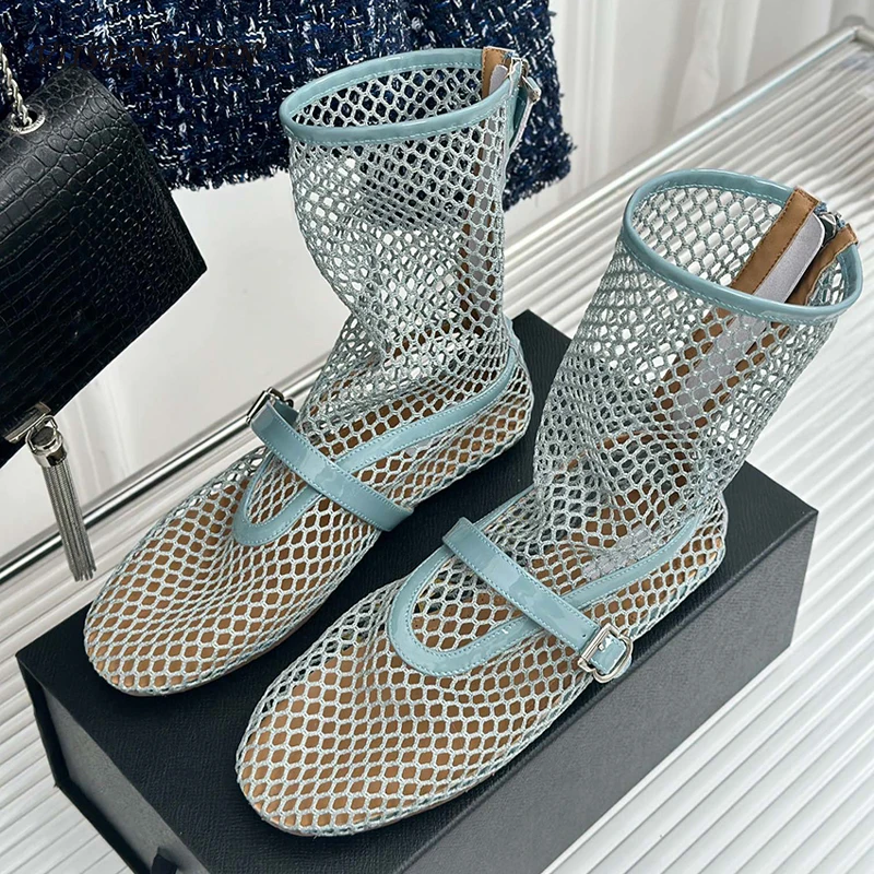 

2024 Summer New Mesh Hollow Design Fashion Short Boot Women Solid Color Back Zippers Breathable Simple and Handsome Sandal Boots