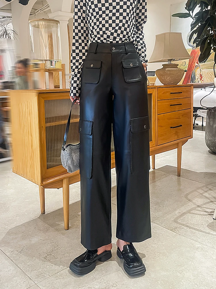 

American Safari style genuine leather pants for women high street loose wide leg pants Autumn new sheepskin trousers Y4446