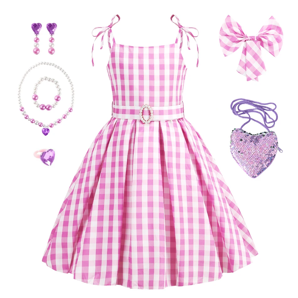 Girls Barbi Cosplay Dress Children Pink Plaid Princess Costume Kids Birthday Party Outfits Fantasy Elegant Gown