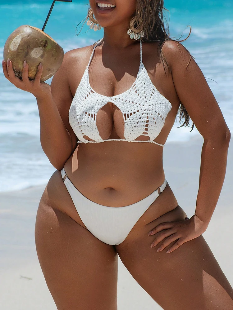Plus rozmiar seksowne kobiety pięcioramienna gwiazda Halter Strappy szydełkowe bikini dzianinowy top od bikini damski strój kąpielowy kąpiący pływać kostiumy kąpielowe