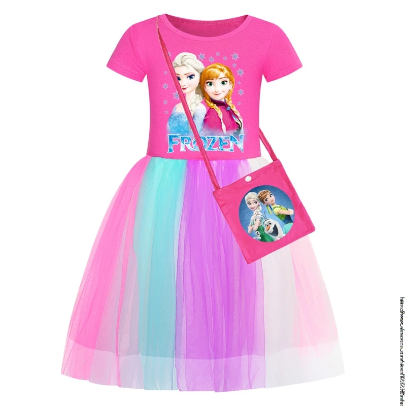 Frozen Elsa Kids Clothes Knee-Length Dresses Cotton Rainbow Short Dress Teenagers Cartoon Girls Clothing Party Clothes Princess