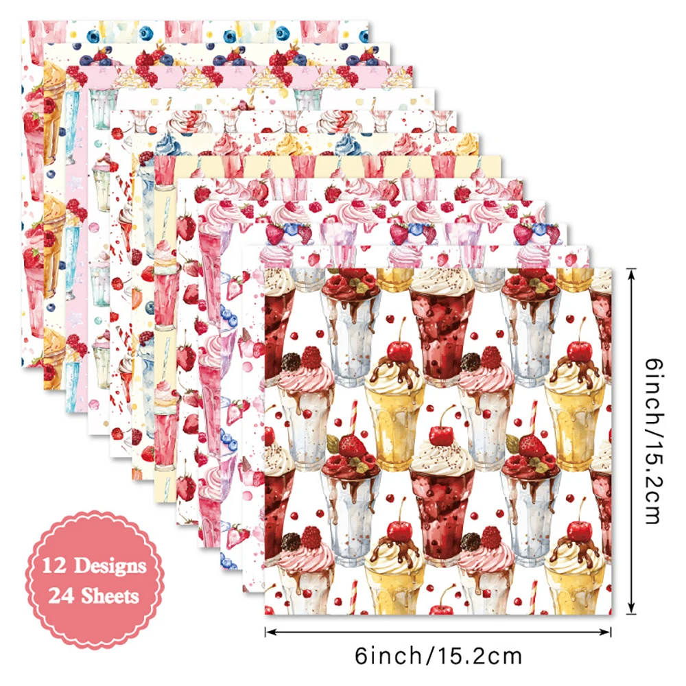 Alinacutle Sommer-Eiscreme-Papierpackung, 24 Blatt, 15,2 cm, gemusterter Papierblock für Scrapbooking, handgefertigtes Bastel-Hintergrundpapierblock