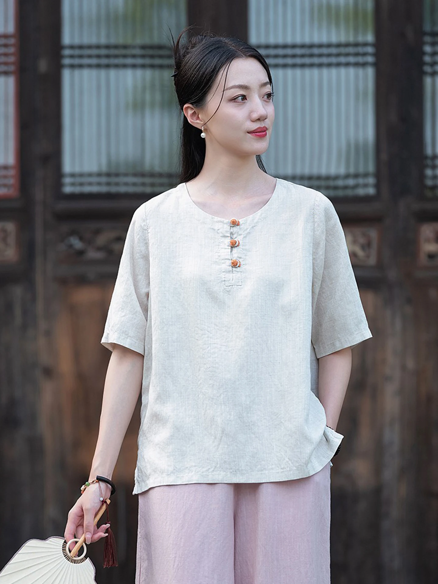 New Chinese Style Short Sleeve T-Shirt Summer New Arrival Linen Thin Material Button Tea Costume Women's Casual Loose Fit Tee